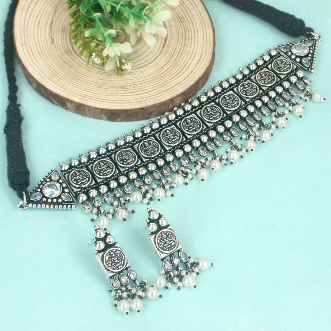 Oxidised Plated Choker Necklace Set - SIA431476