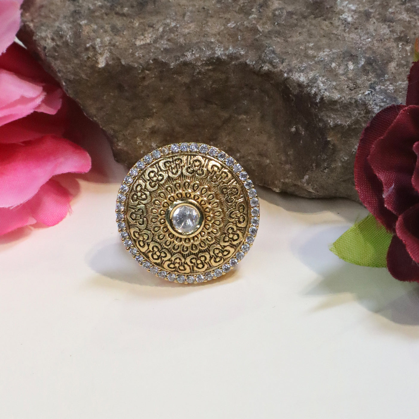 Gold-Toned Round Kundan-Style Ring - SIA431666