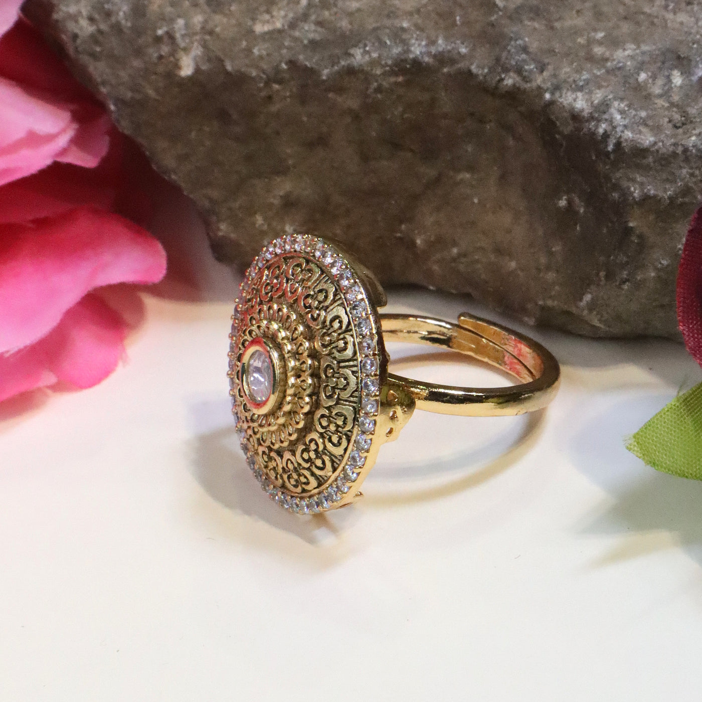 Gold-Toned Round Kundan-Style Ring - SIA431666