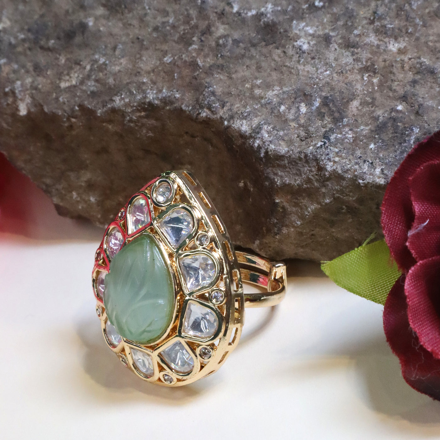Gold-Toned Mint Green Tear-Drop Kundan and Polki Ring - SIA432305