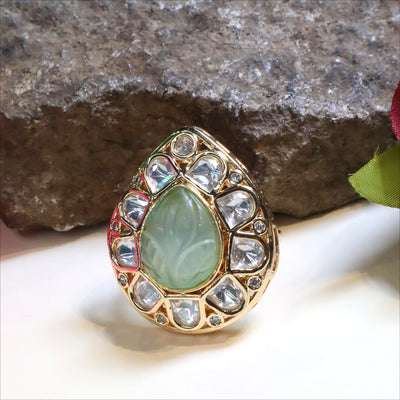 Gold-Toned Mint Green Tear-Drop Kundan and Polki Ring - SIA432305