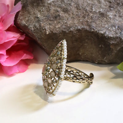 Gold-Toned Pear-Shaped Cocktail Ring with Pale Pink Stones  - SIA432494