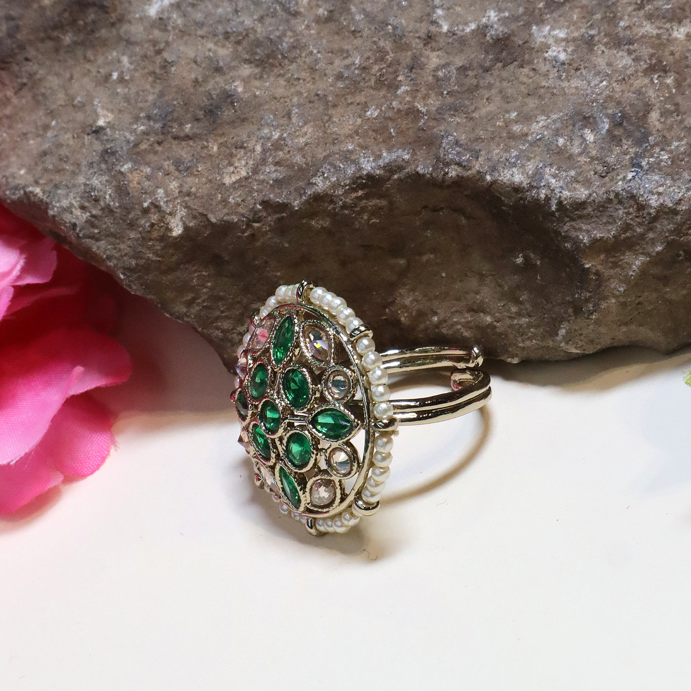 Oval Kundan Ring with Emerald-Green and Beads Detailing - SIA432497