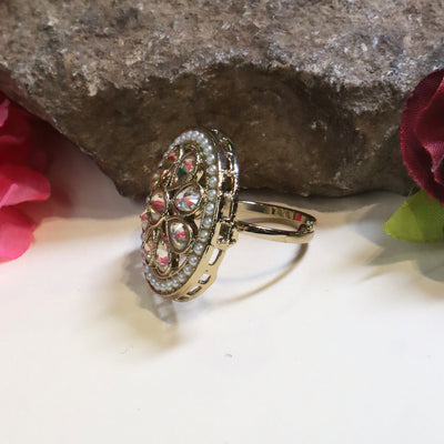 Traditional Kundan Style Pear Ring with Light Pink Stones - SIA432508