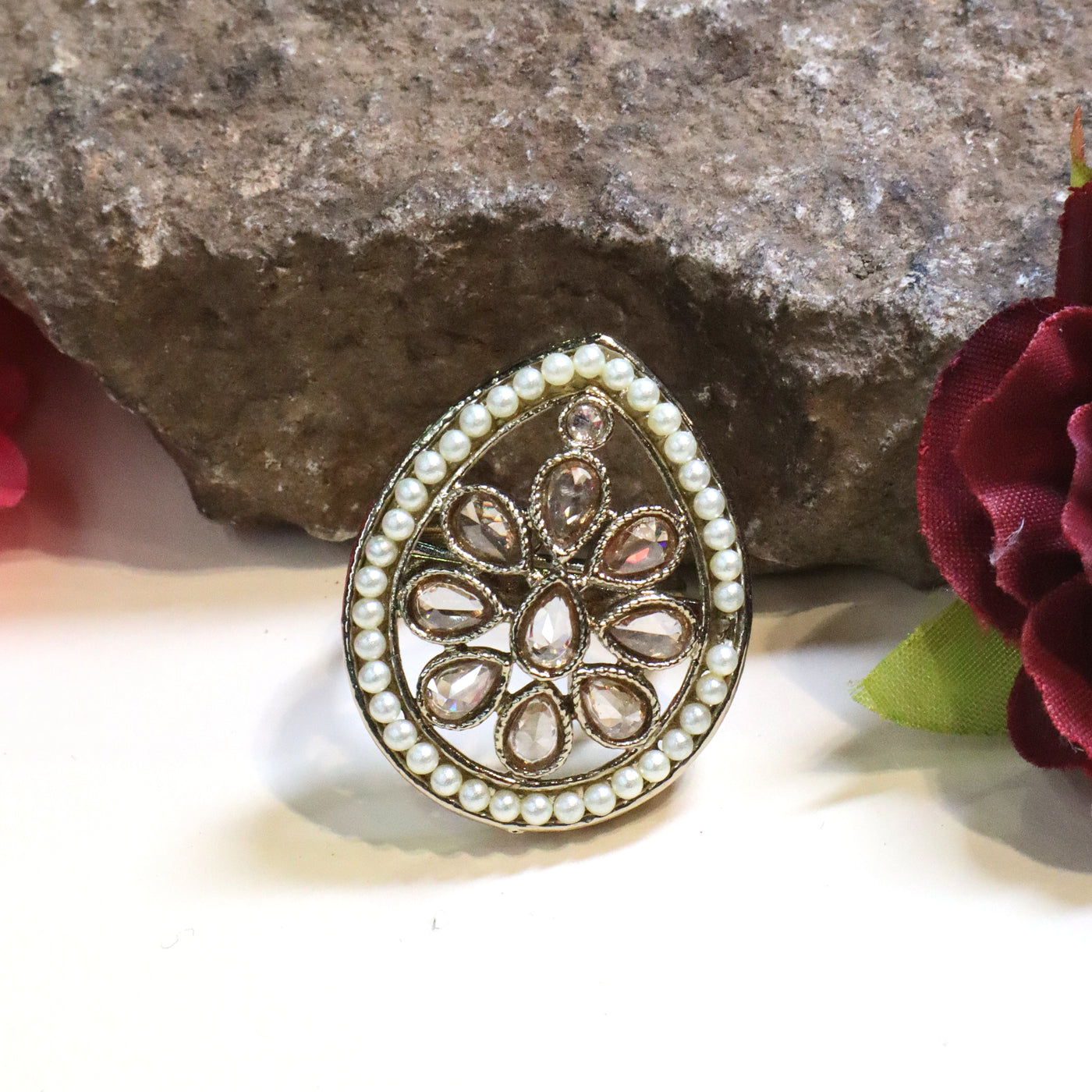 Traditional Kundan Style Pear Ring with Light Pink Stones - SIA432508