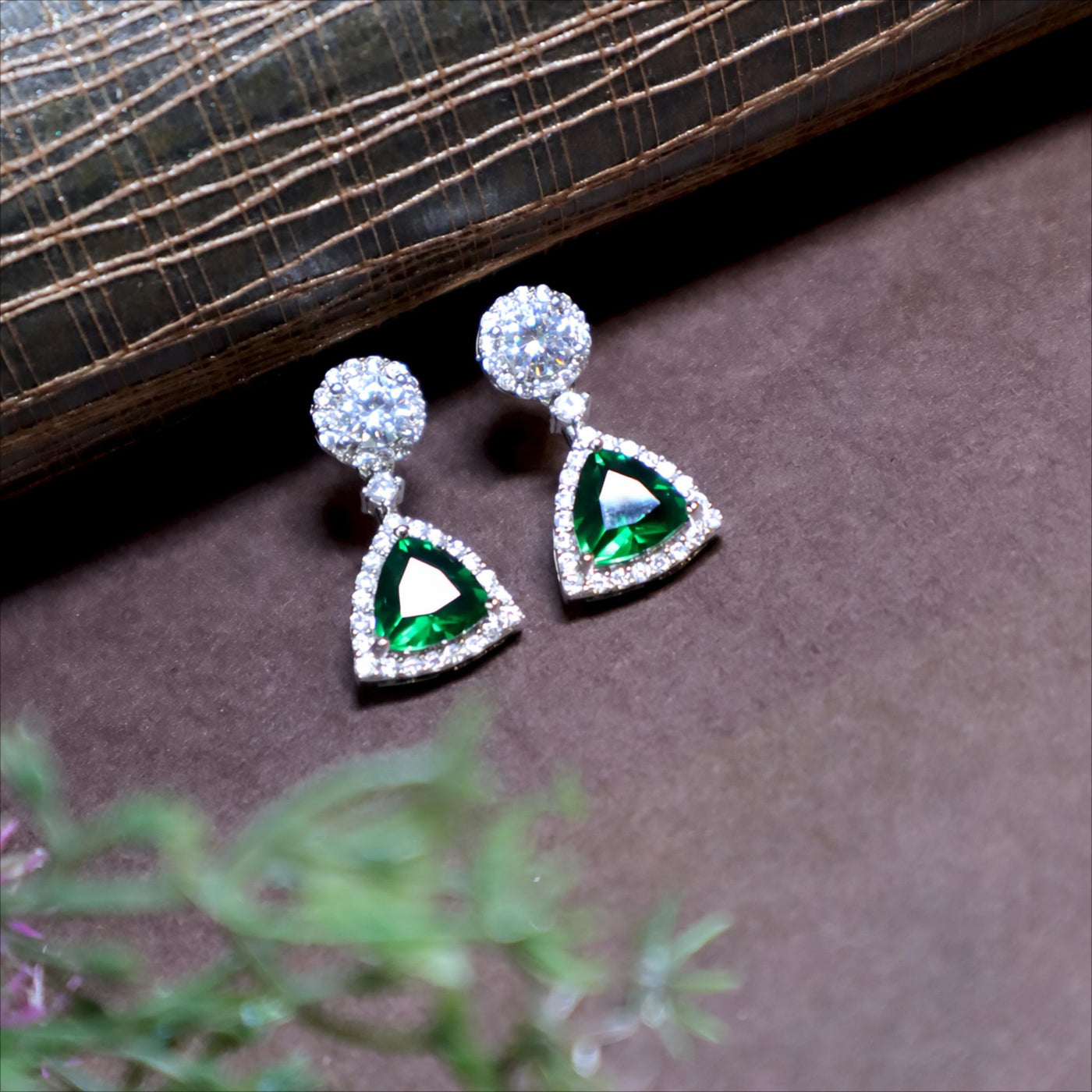 Sparkling Green Triangle Emerald & CZ Drop Earrings - SIA434296