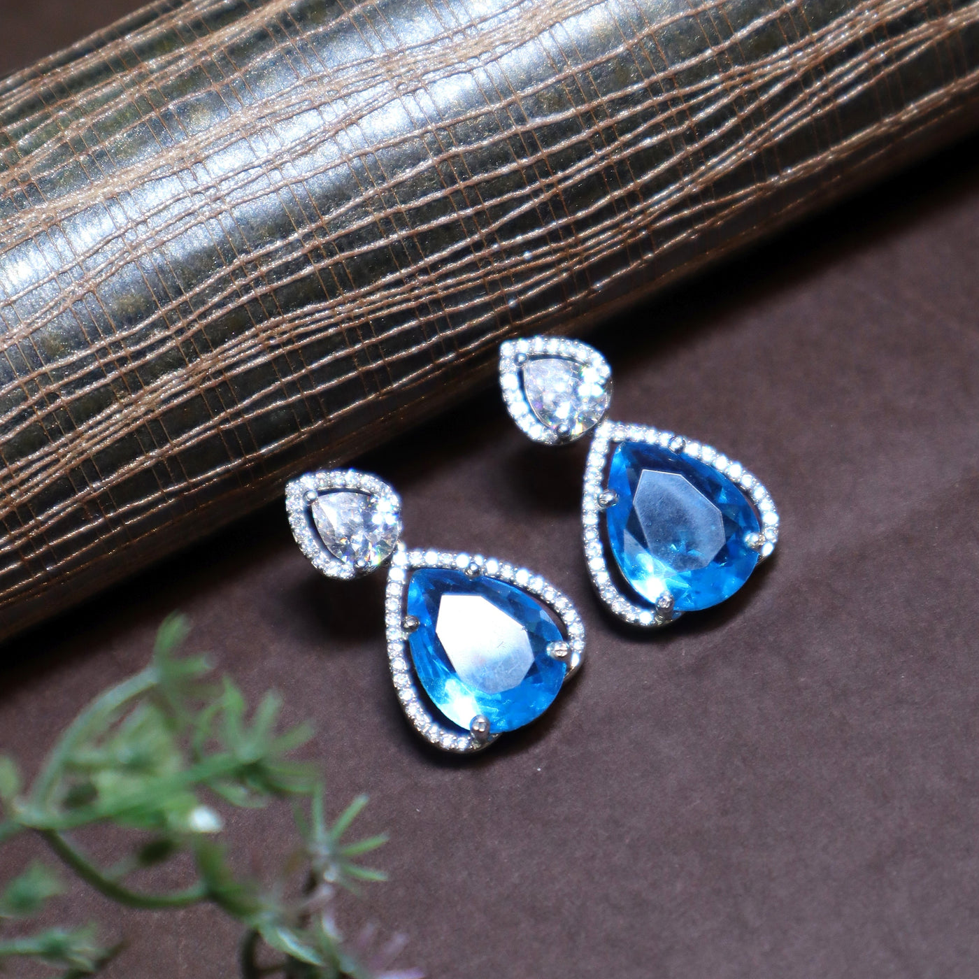 Blue Teardrop Crystal Earrings with CZ Halo - SIA434808