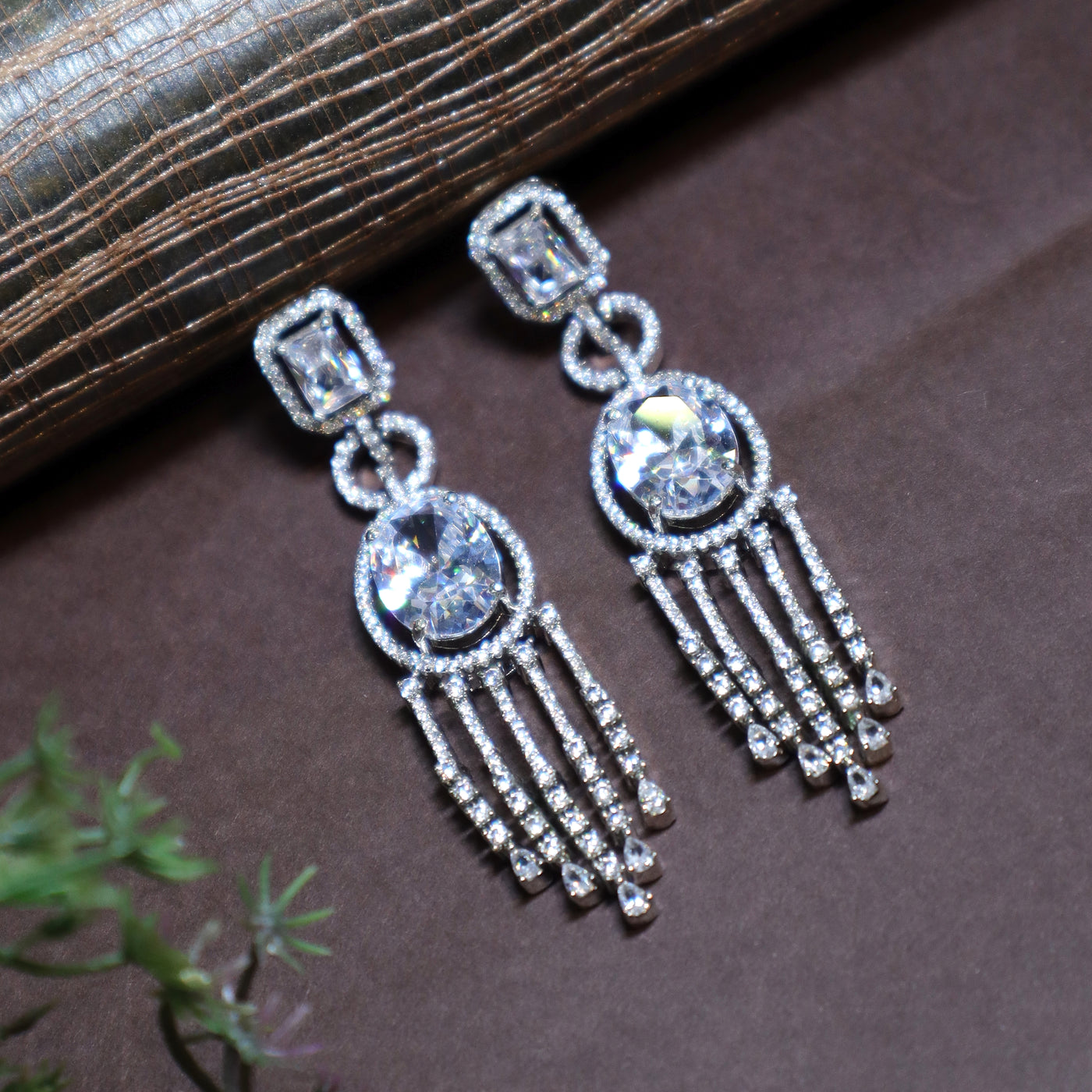 Silver-Toned CZ Dangle Earrings with Oval & Square Cz Stones - SIA434811