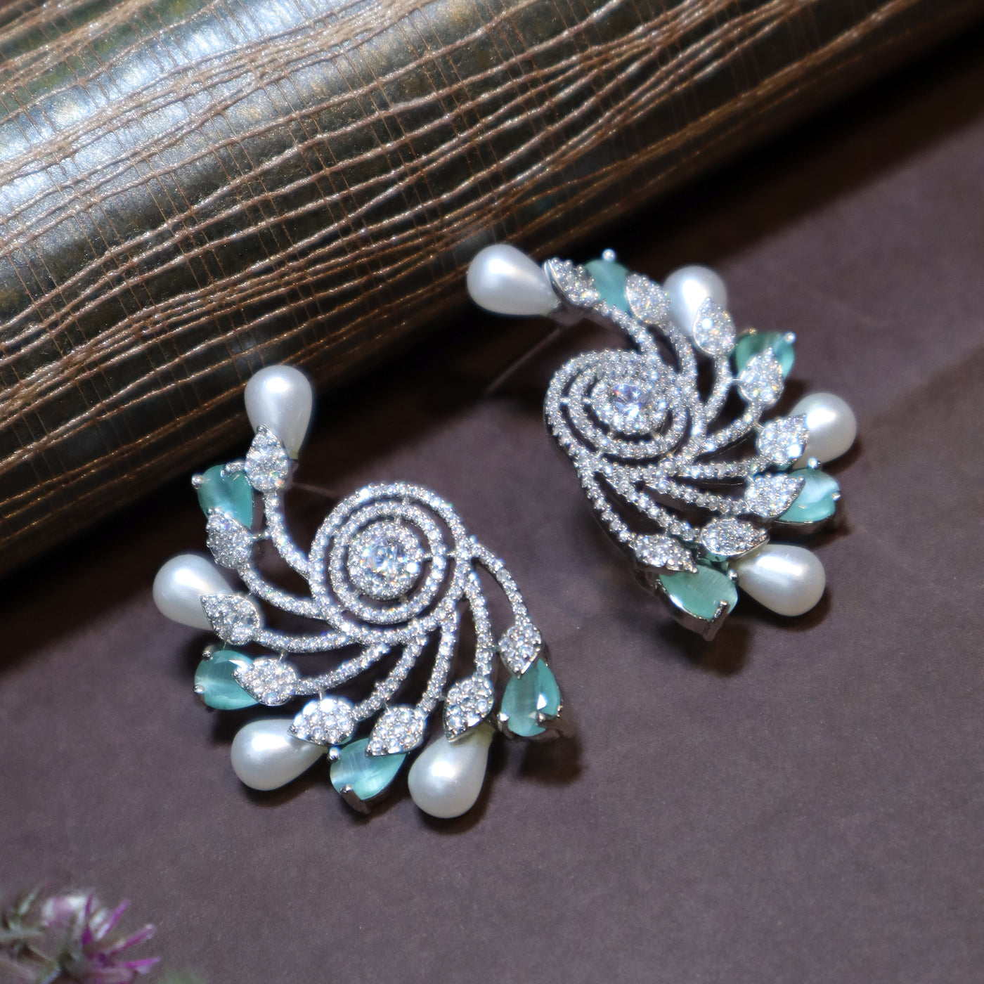 Pearl & CZ Swirl Studs with Mint Accents - SIA435002