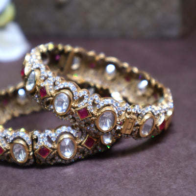Traditional Uncut Polki Bangles with Ruby and White Stones - SIA435544