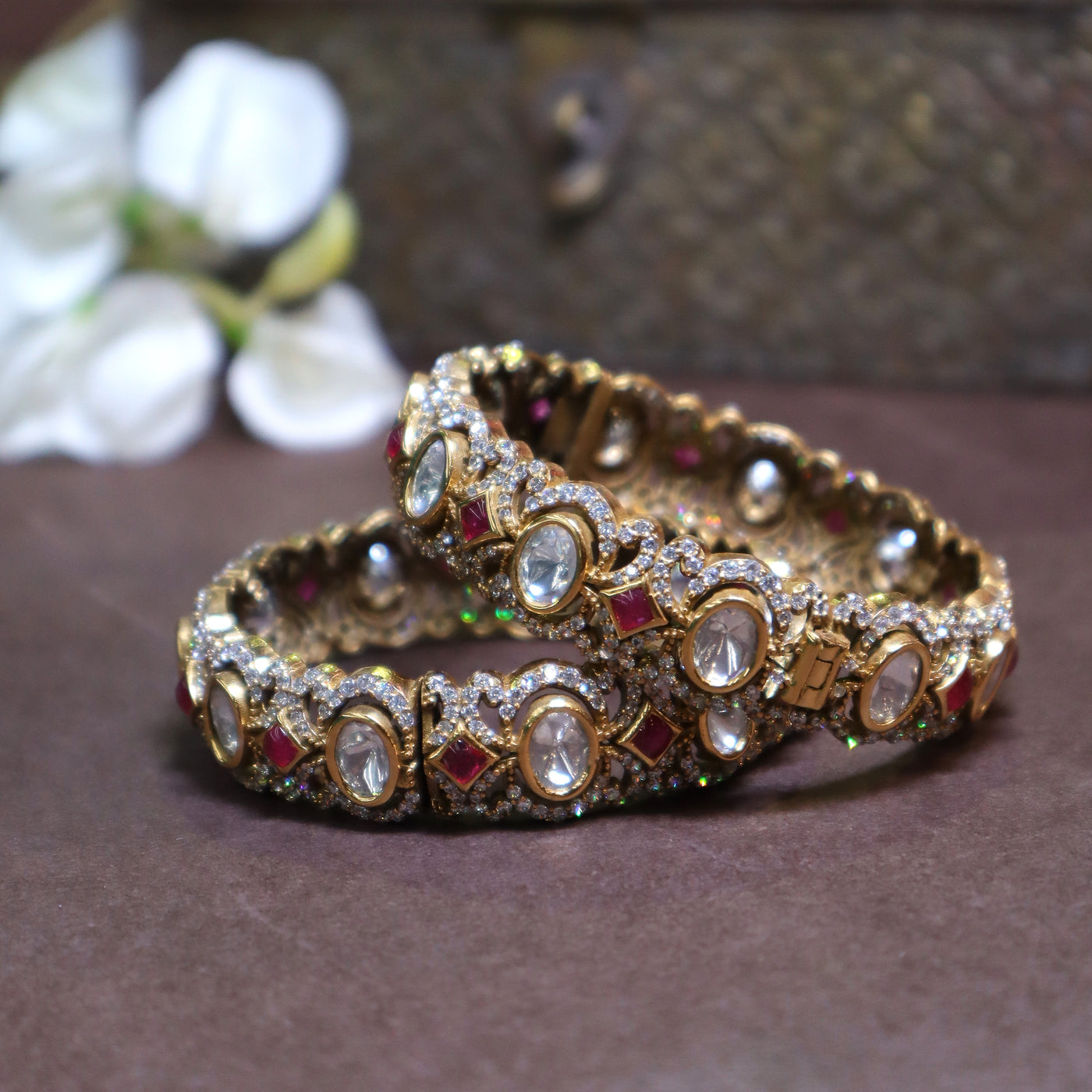 Traditional Uncut Polki Bangles with Ruby and White Stones - SIA435544