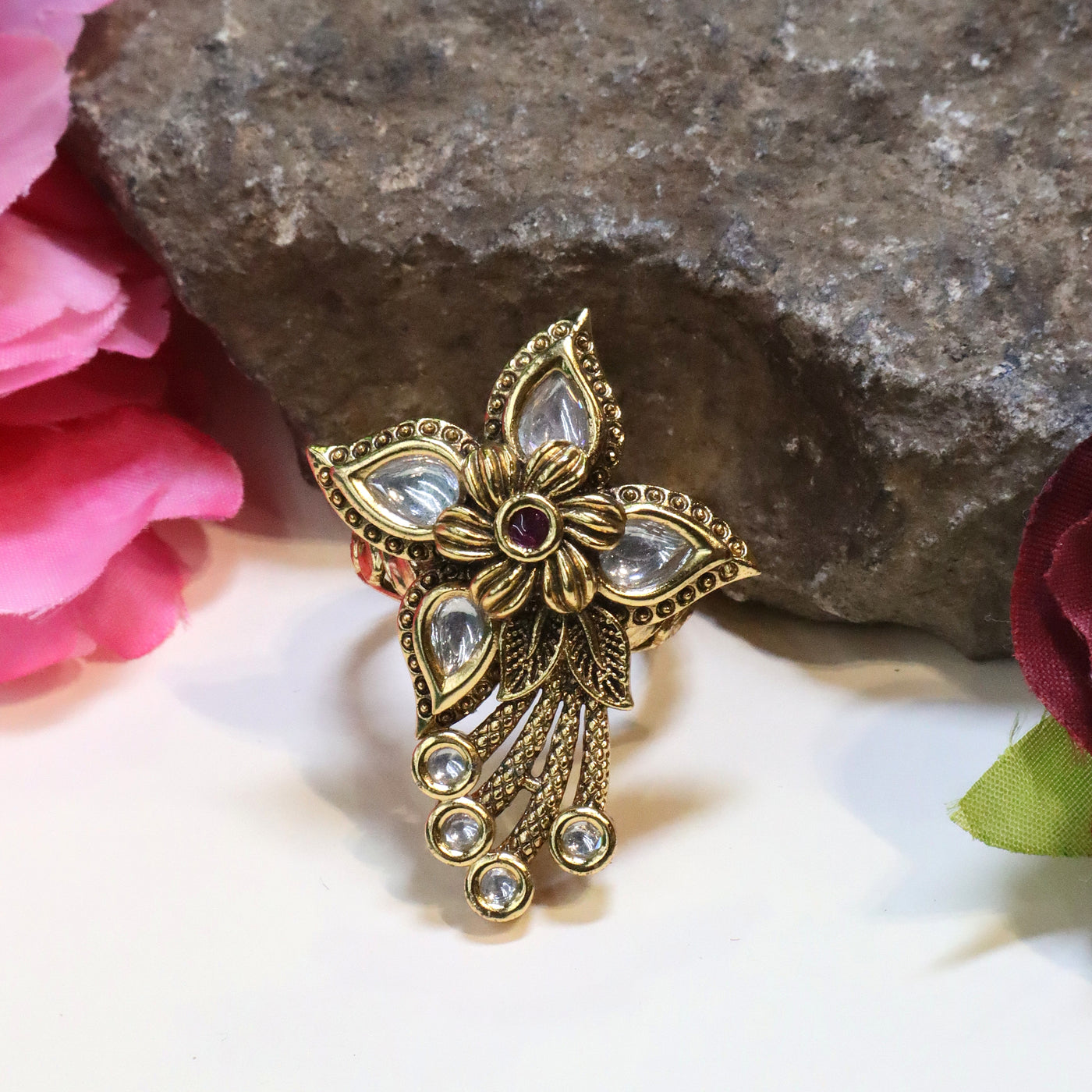 Gold-Toned Floral Kundan-Style Adjustable Ring with Dangling Stones. - SIA435970
