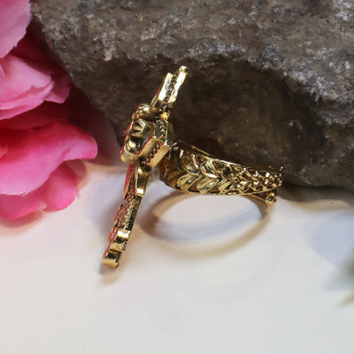 Gold-Toned Floral Kundan-Style Adjustable Ring with Dangling Stones. - SIA435970