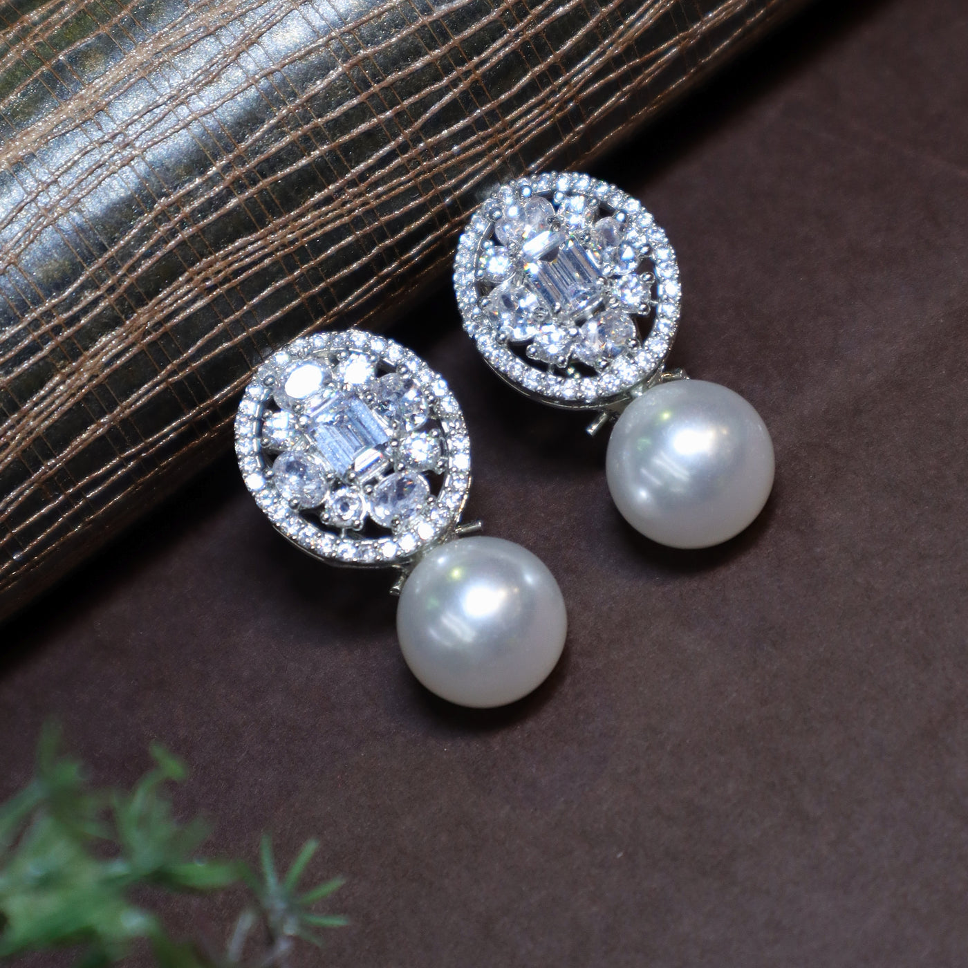 White Pearl Drop Earrings with CZ Stud Tops - SIA436373