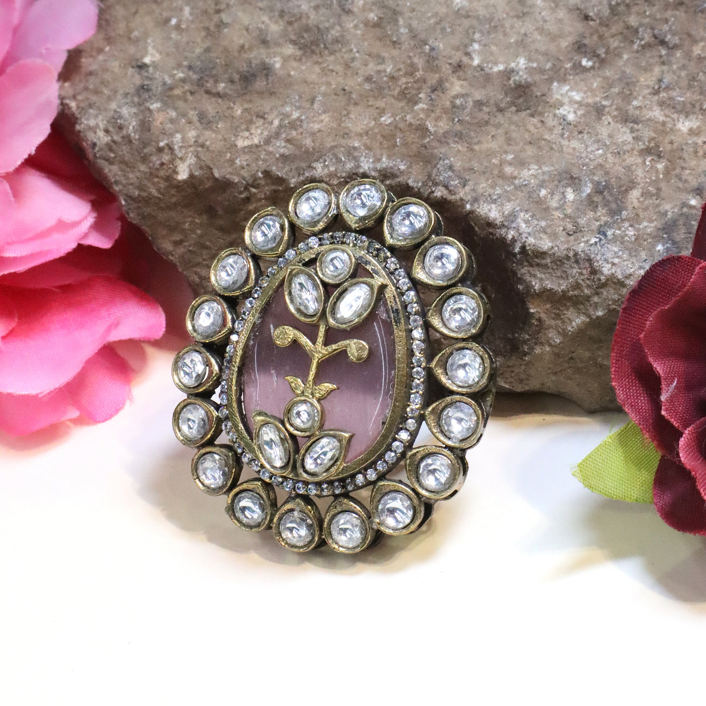 Antique Gold-Toned Oval Ring with Polki Stones - SIA437098