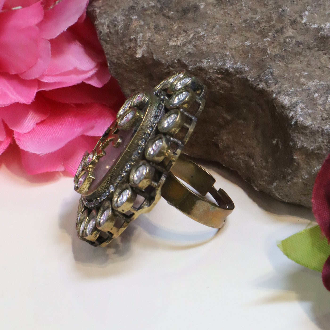 Antique Gold-Toned Oval Ring with Polki Stones - SIA437098