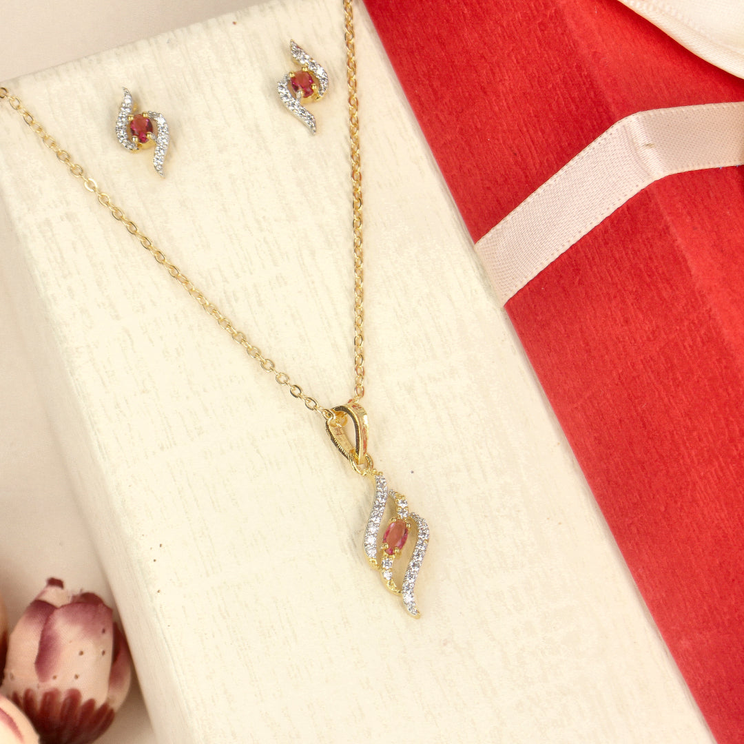 Floral Ruby and Diamond Gold Pendant Set - SIA437911_A