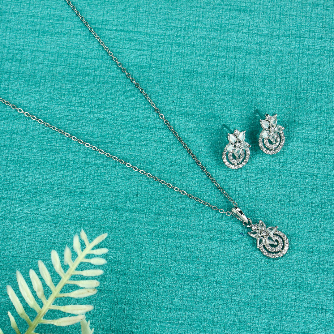 Rhodium Flower Pendant Set - SIA437925_A