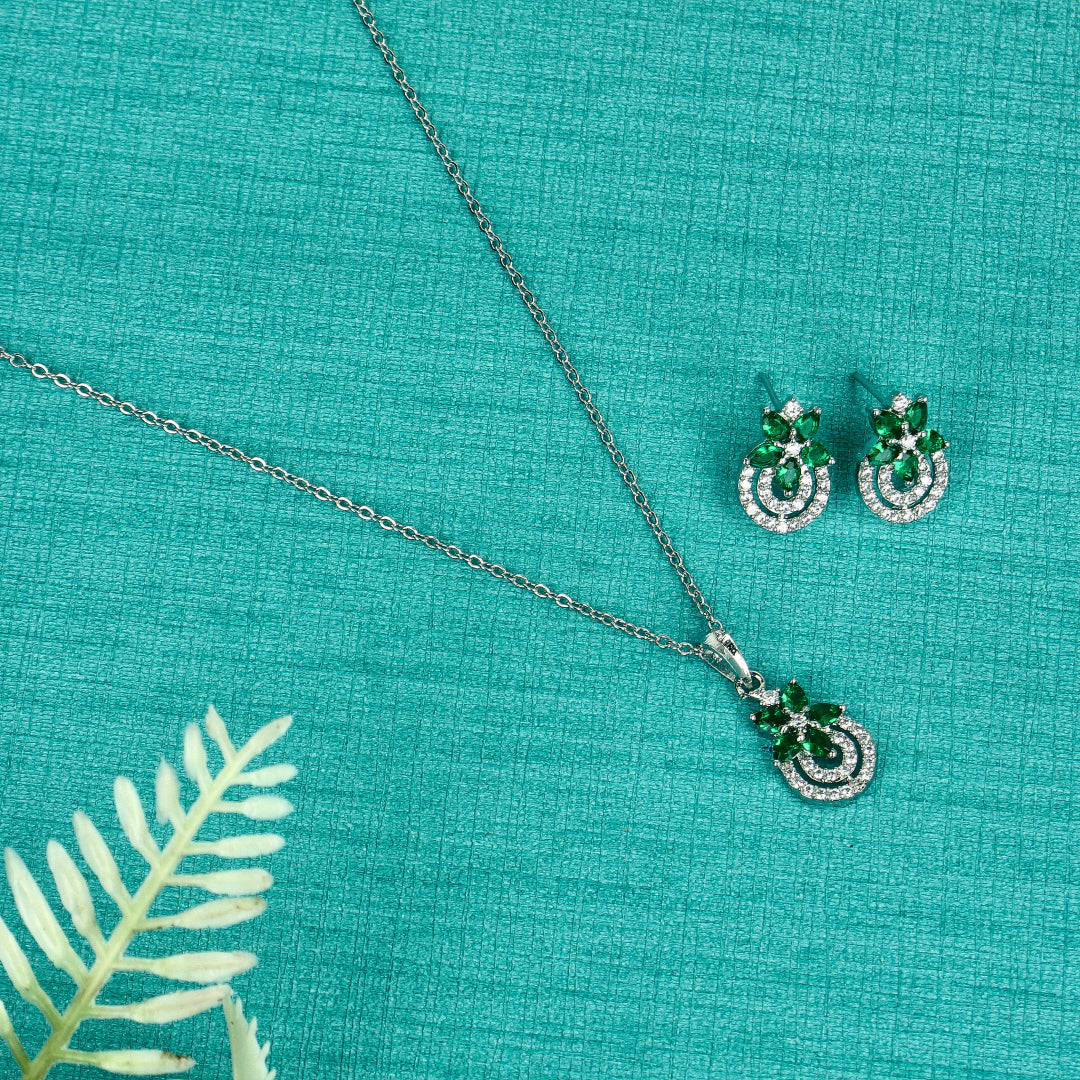 Rhodium Flower Pendant Set with Green Glow - SIA437925_B