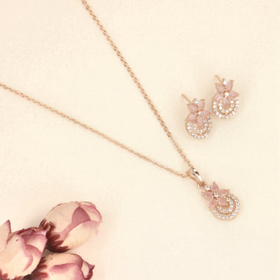 Rose Gold Flower Pendant Set with Baby Pink Heart - SIA437926_D