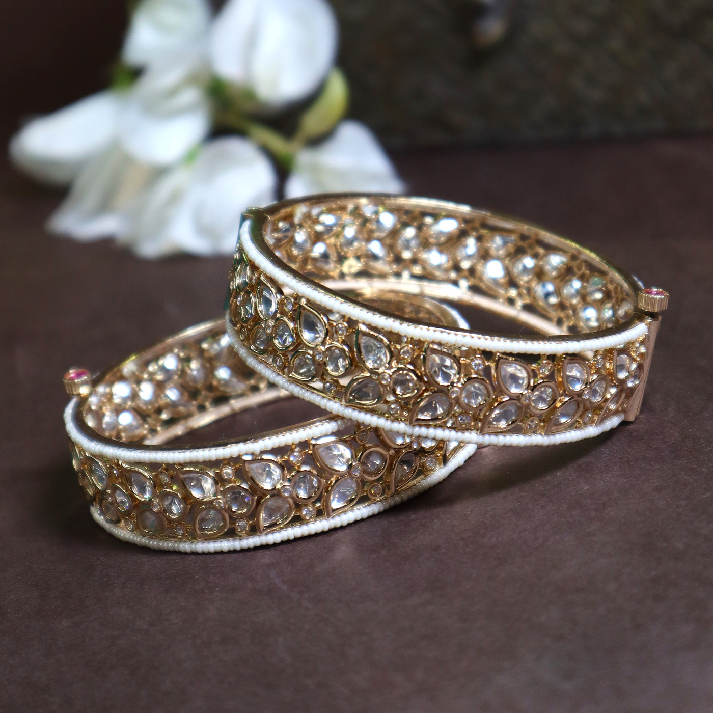 Gold-Plated Polki Kundan Bangles with White Stones - SIA437954