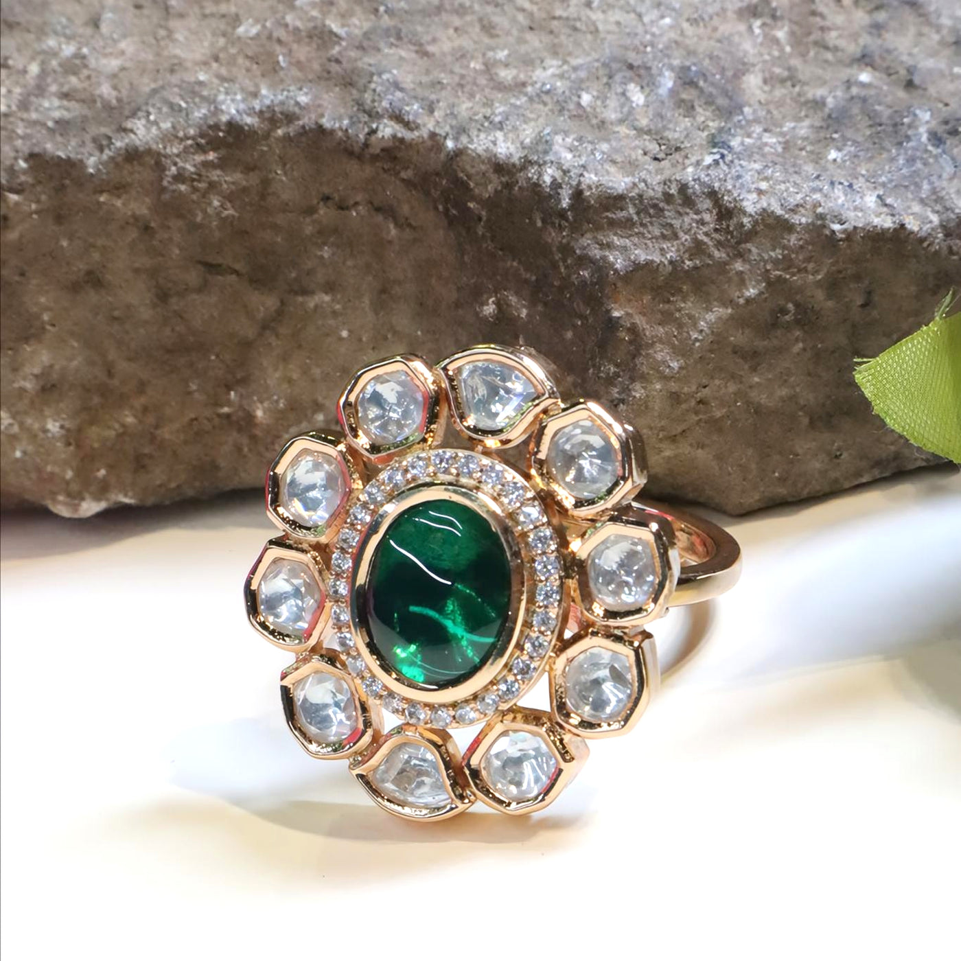 Gold-Toned Floral Kundan and Polki Ring with Green Stone - SIA438101