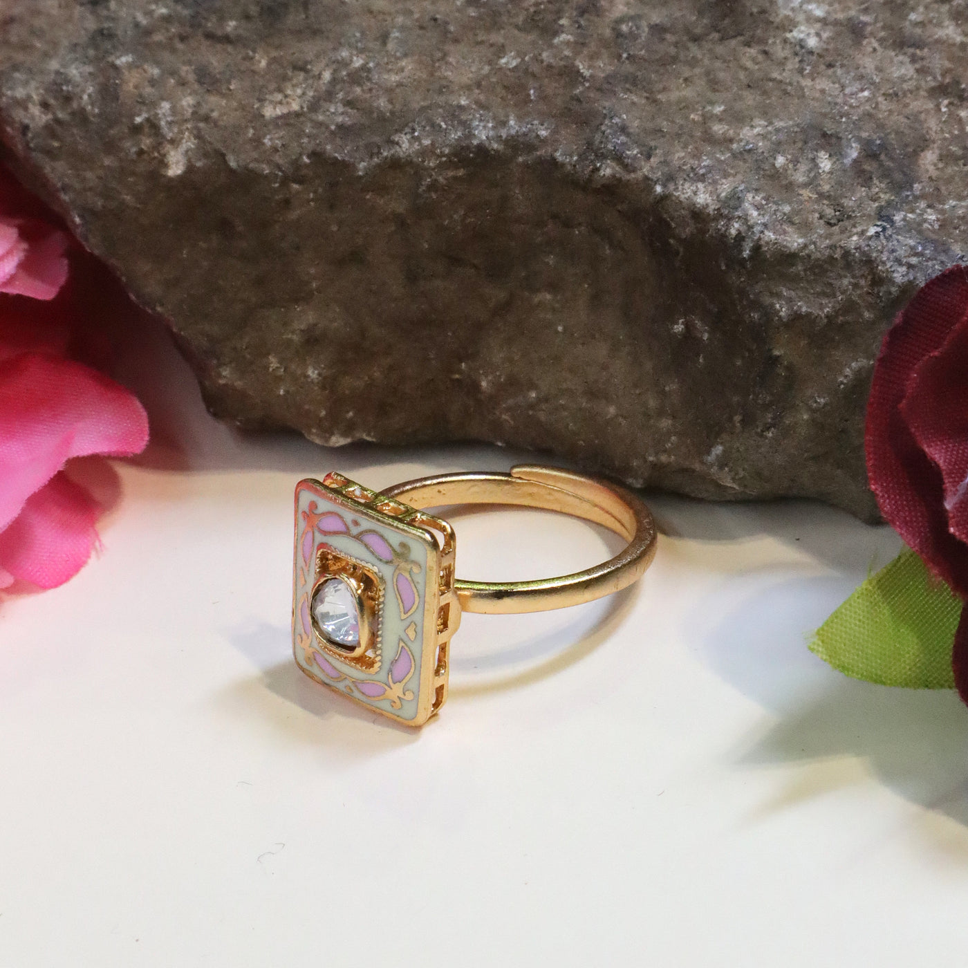 Gold-Toned Square Kundan Meenakari Adjustable Ring - SIA438235