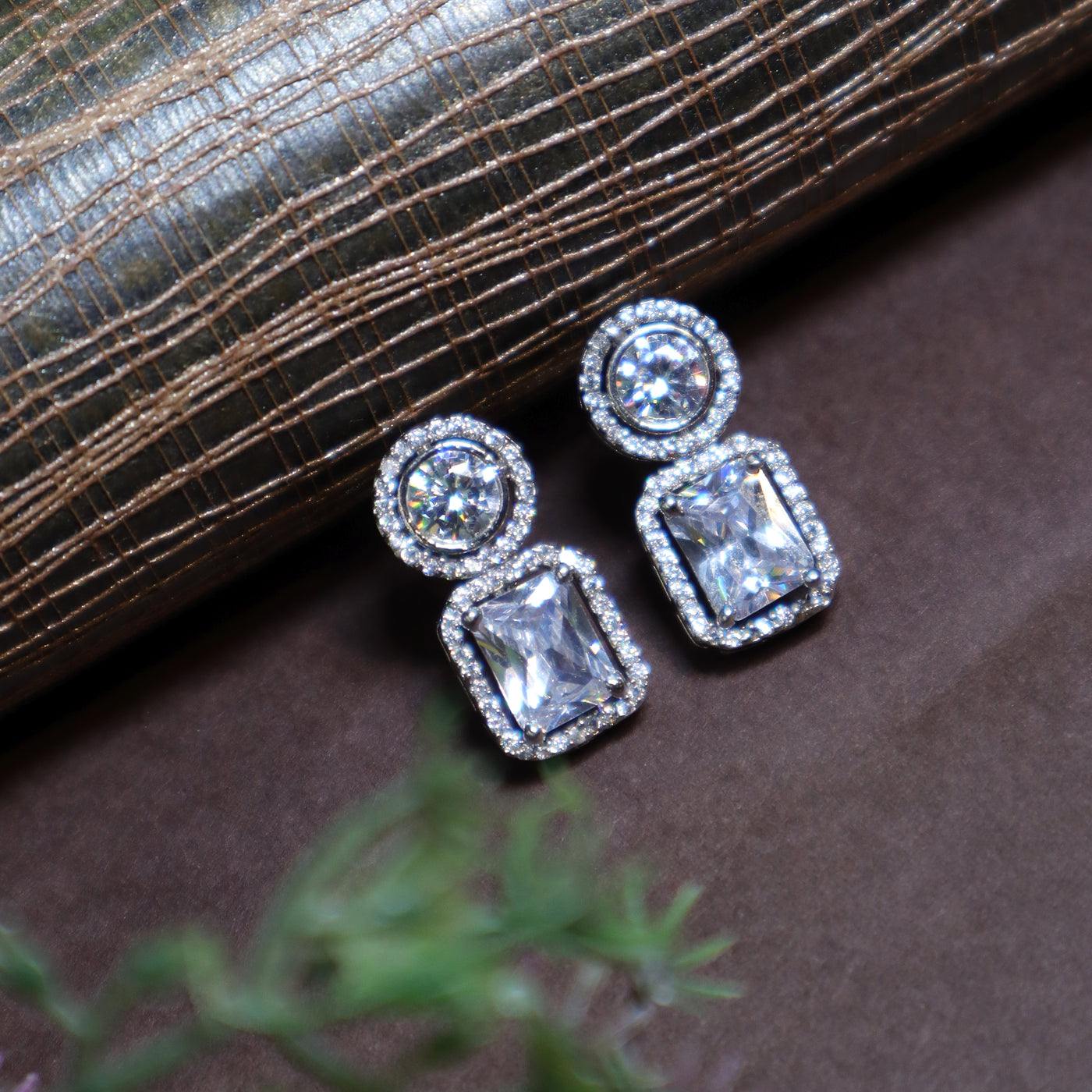 Silver Halo Earrings with Round & Emerald-Cut Crystals - SIA438644