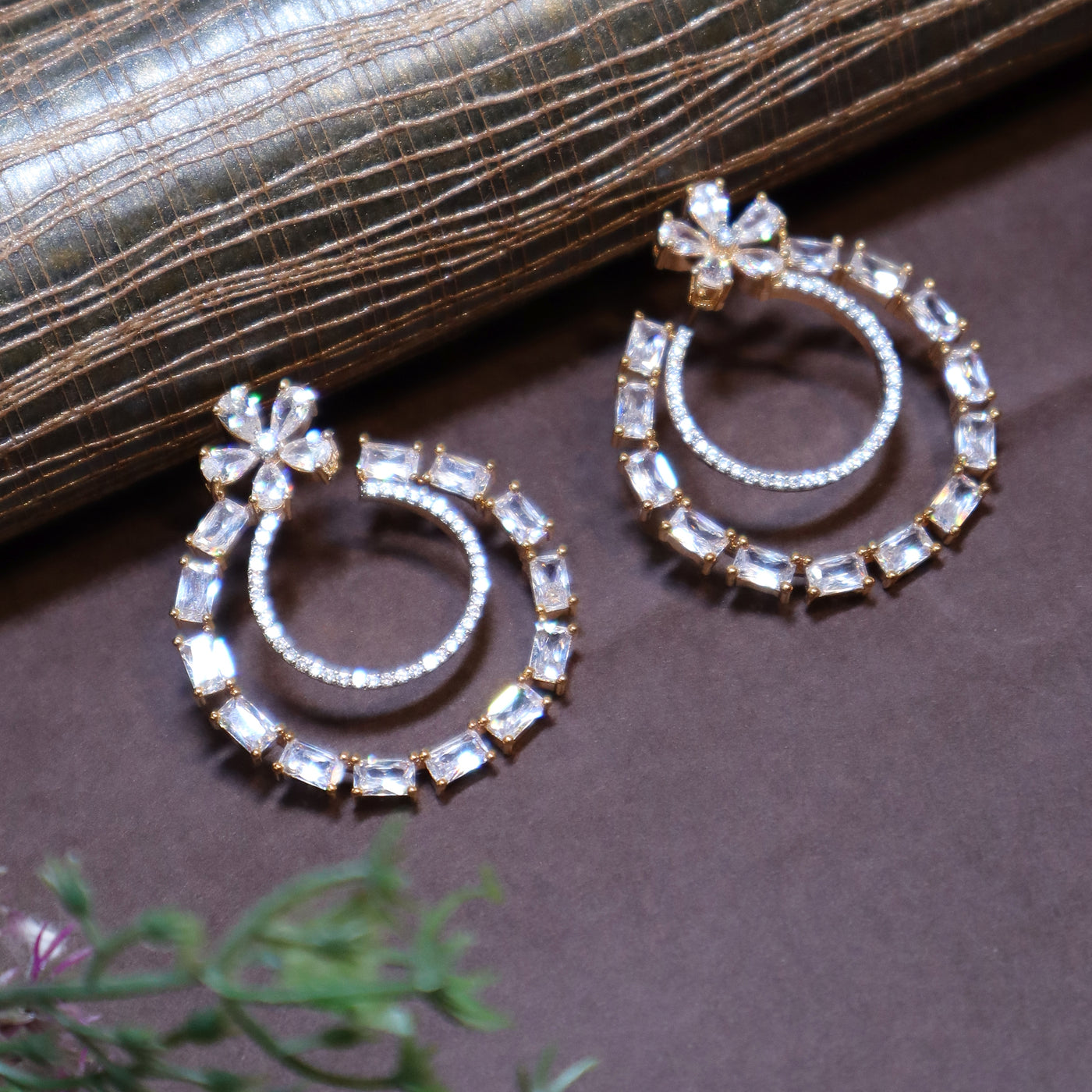 Gold Plated CZ Floral Double Hoop Earrings - SIA439194