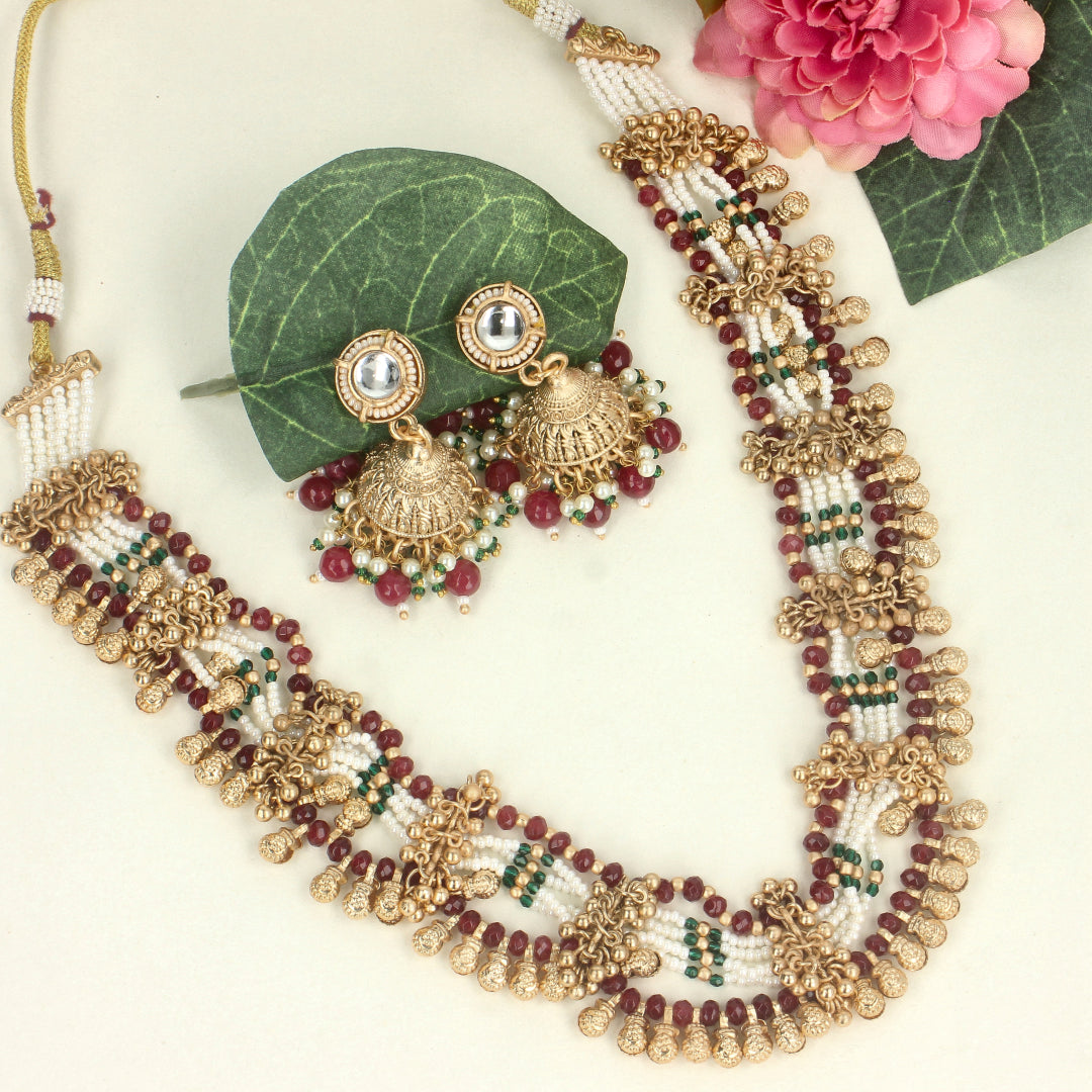 Traditional Antique Temple Jewellery Long Necklace Set -SIA439242