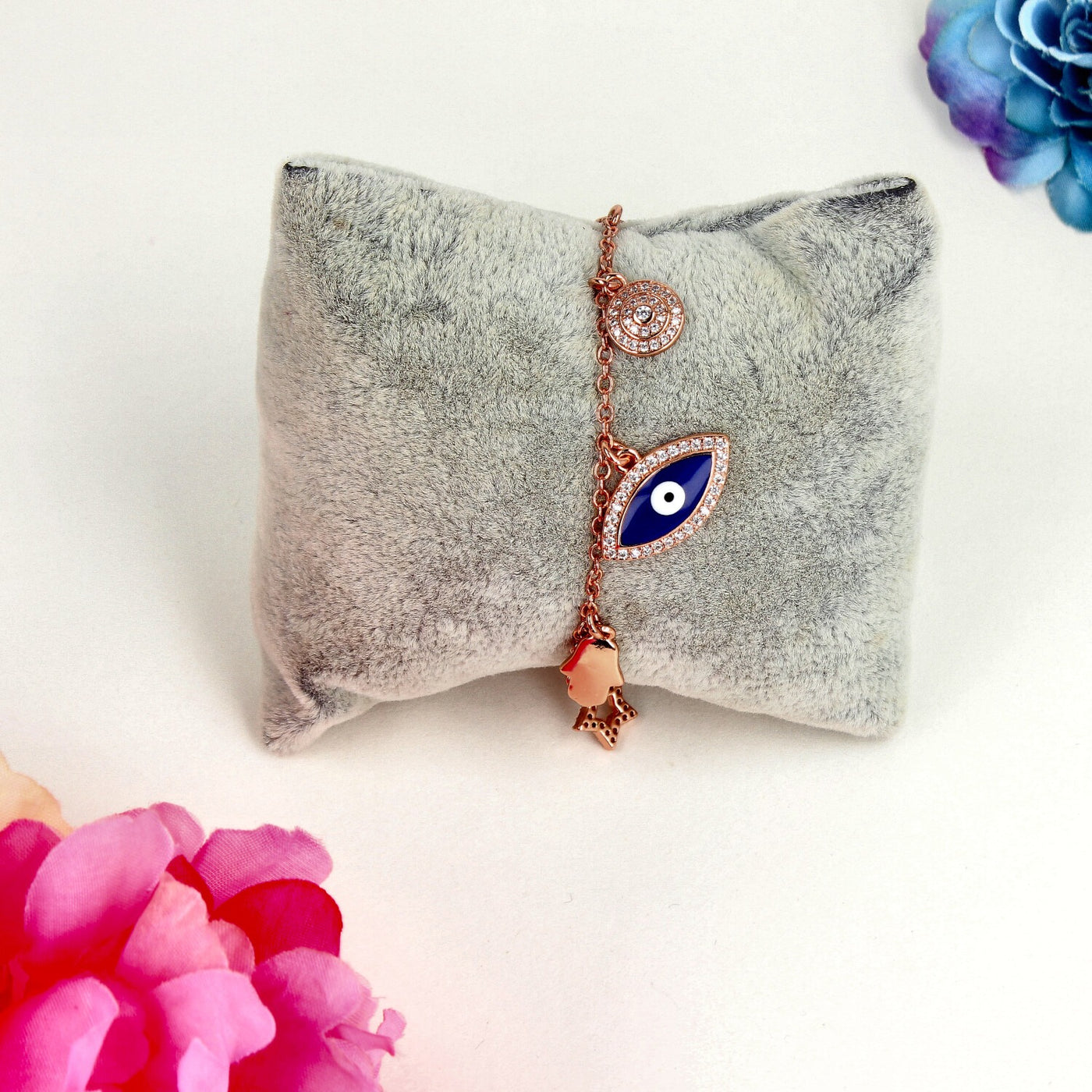 Rose Gold Charm Bracelet with Blue Evil Eye and Hamsa Hand Design - SIA439441