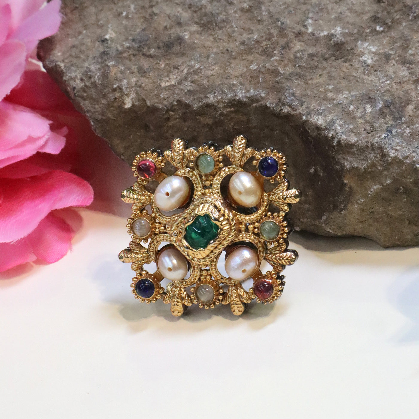 Gold-Toned Square Kundan-Style Ring with Pearls and stones - SIA439954