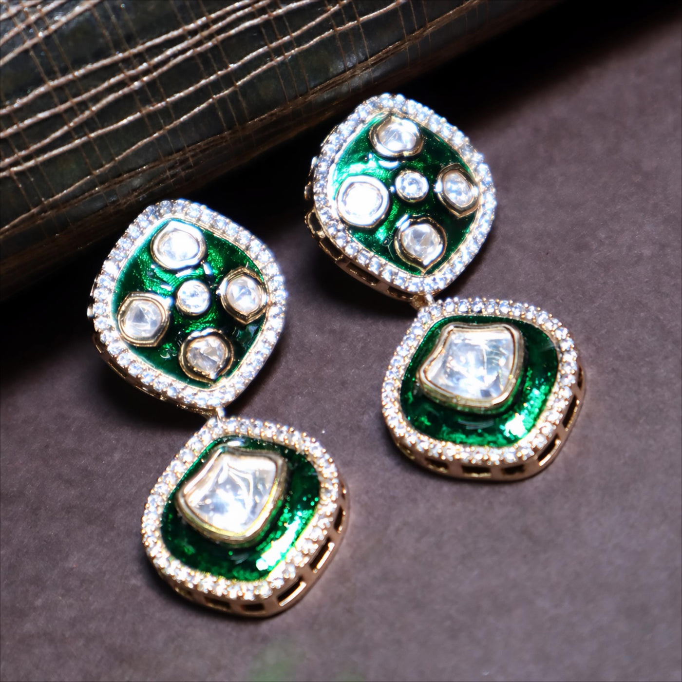Green enamel and gold-plated polki kundan earrings - SIA440181