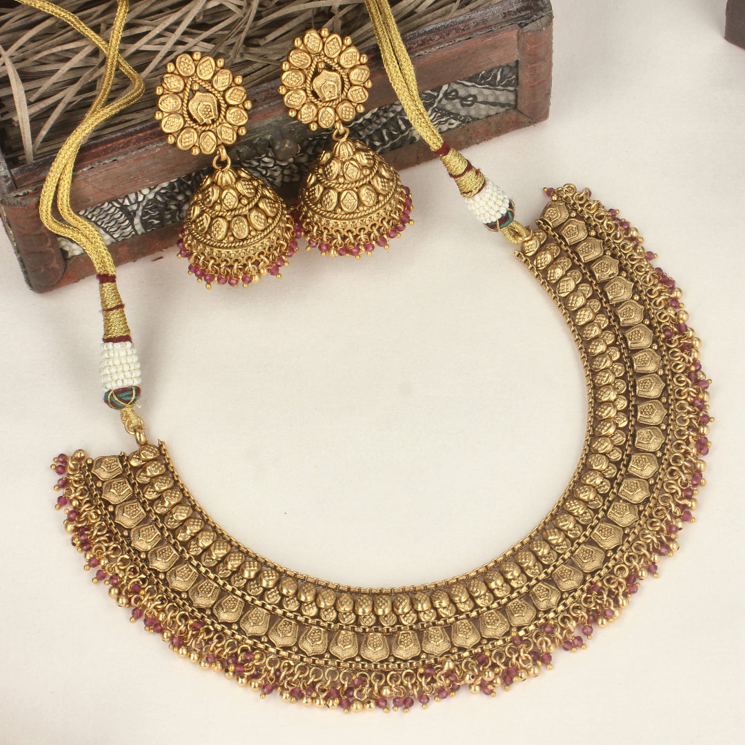 Gold Red Necklace Set  with Jhumkas-SIA440544