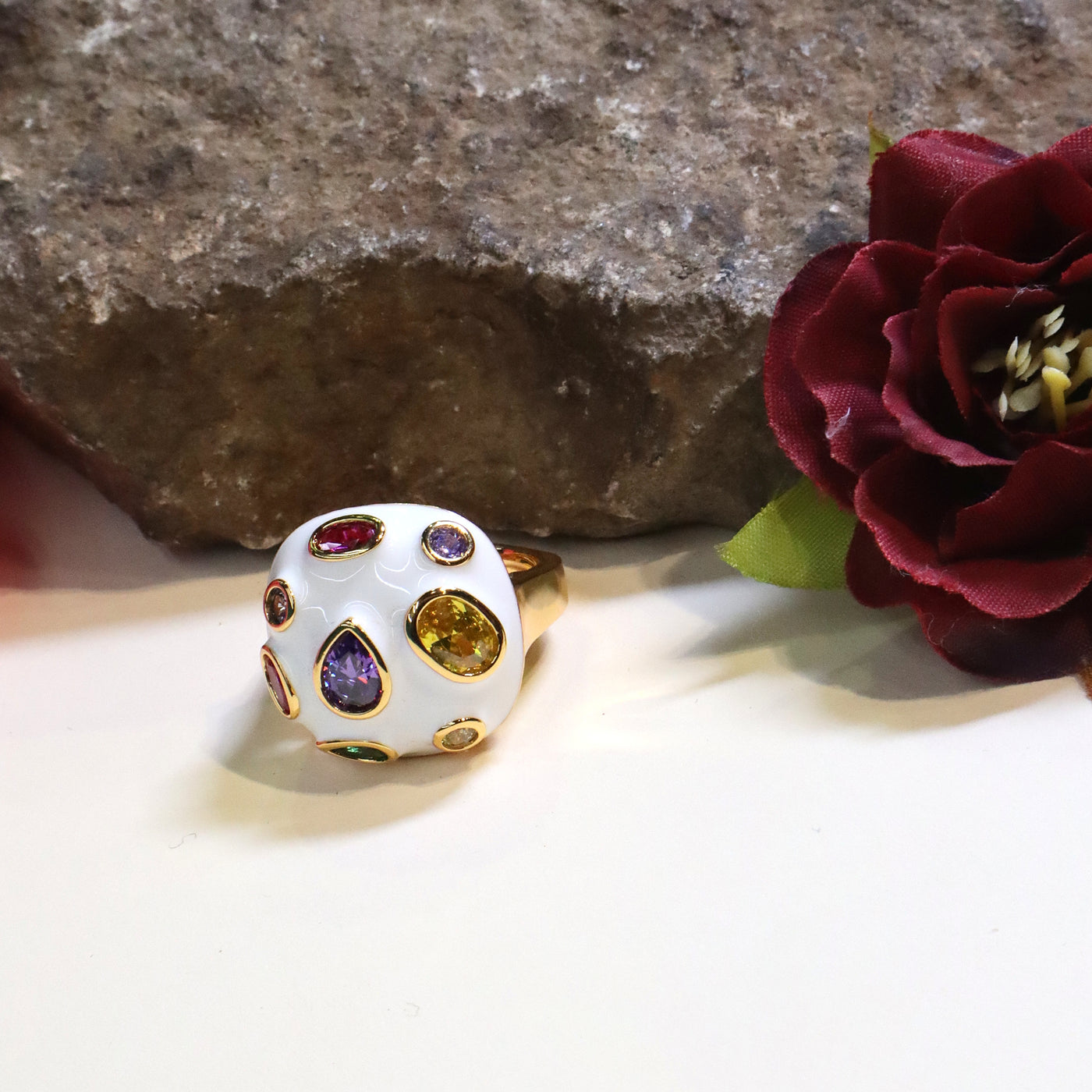 White Enamel Dome Ring with Multi-Colored Gemstones - SIA440766