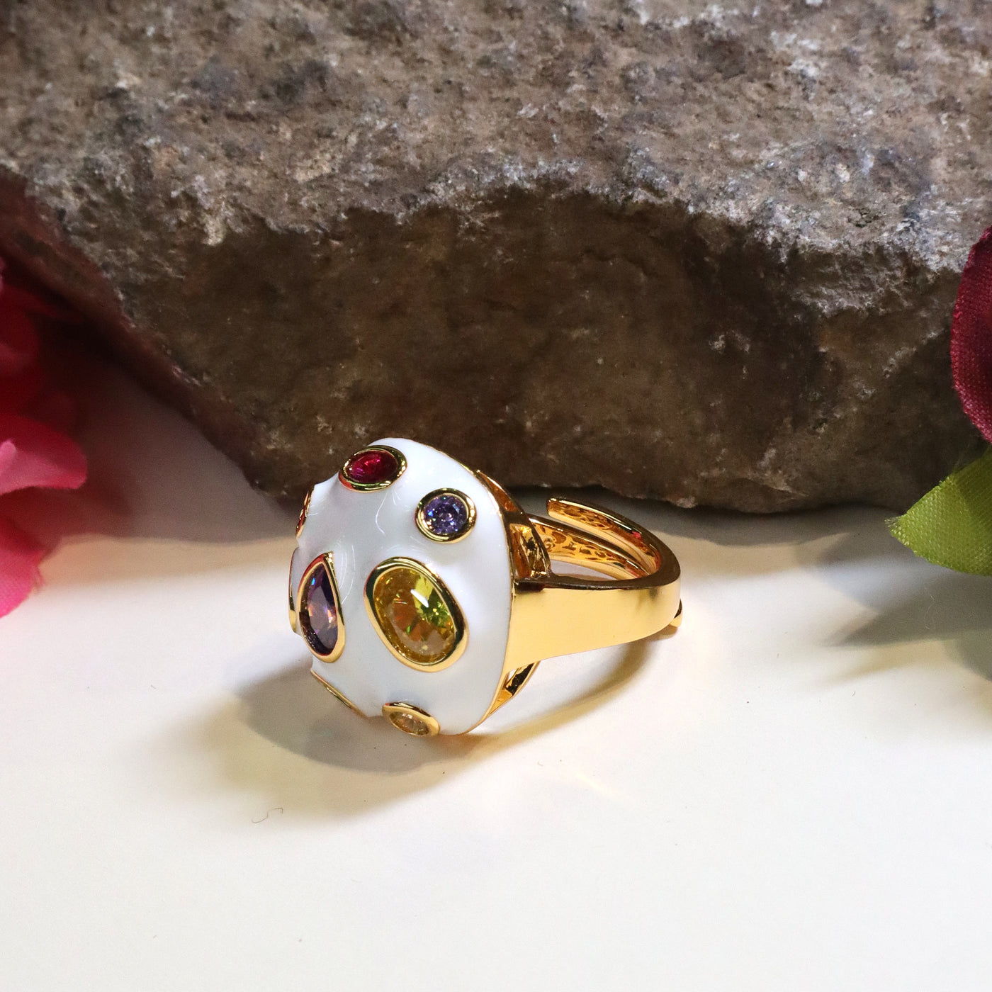 White Enamel Dome Ring with Multi-Colored Gemstones - SIA440766