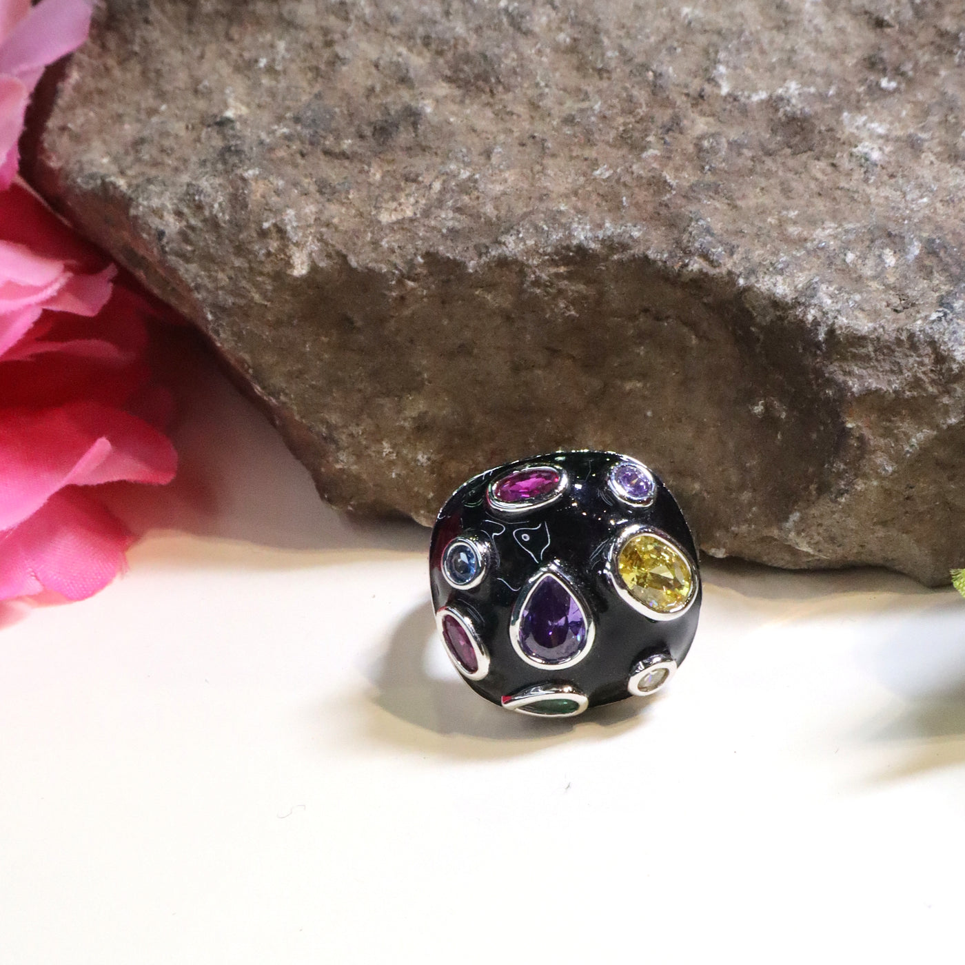 Black Dome Ring with Colorful Gemstones - SIA440767