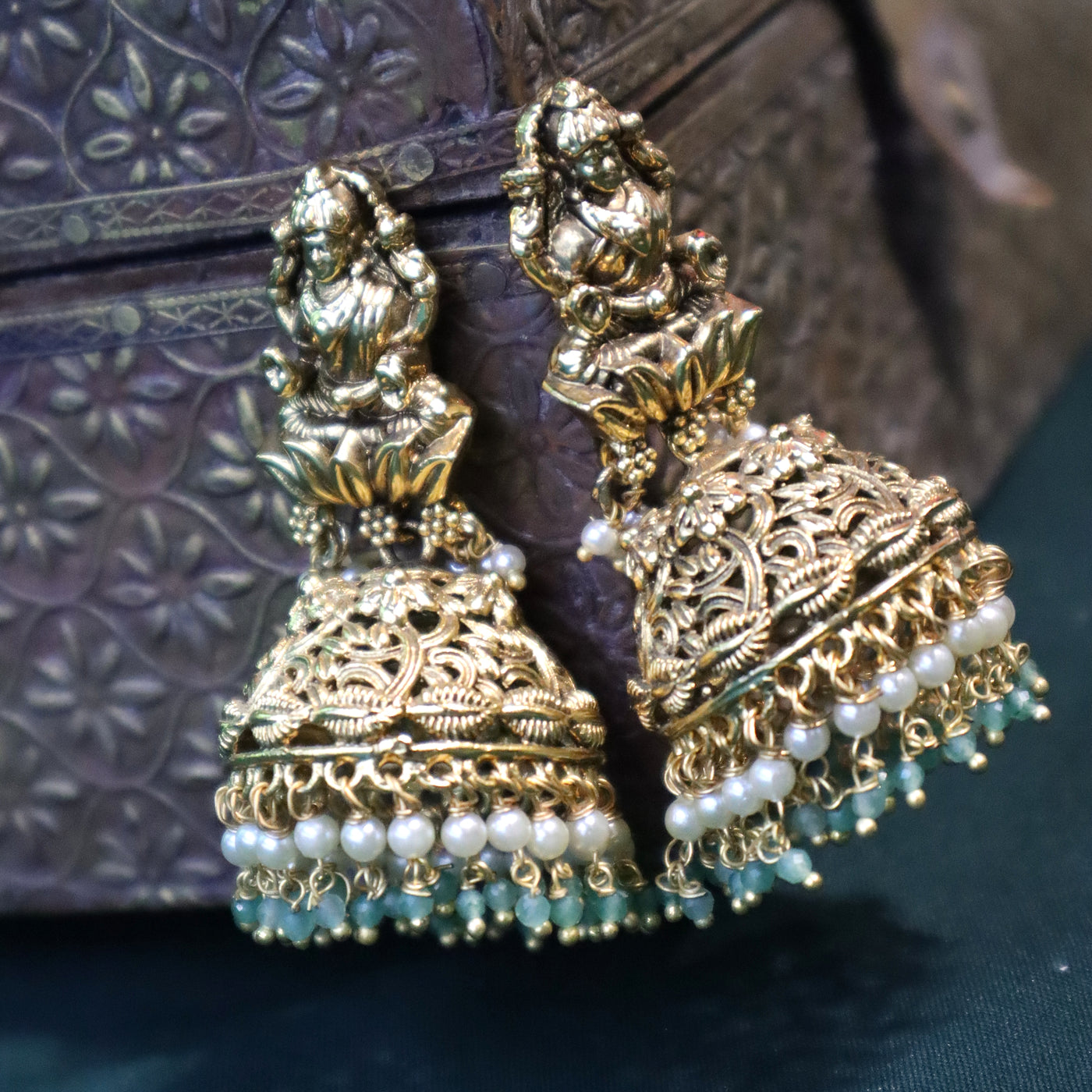 Goddess Lakshmi Gold Jhumka Earrings with Pearl Drops - SIA440999