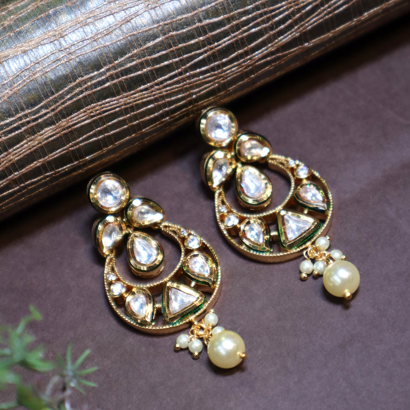 Gold-Plated Kundan Earrings with Pearl Drops - SIA441089