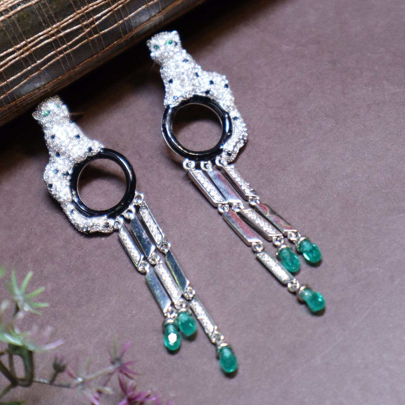 Leopard Head Emerald & CZ Tassel Drop Earrings - SIA441417
