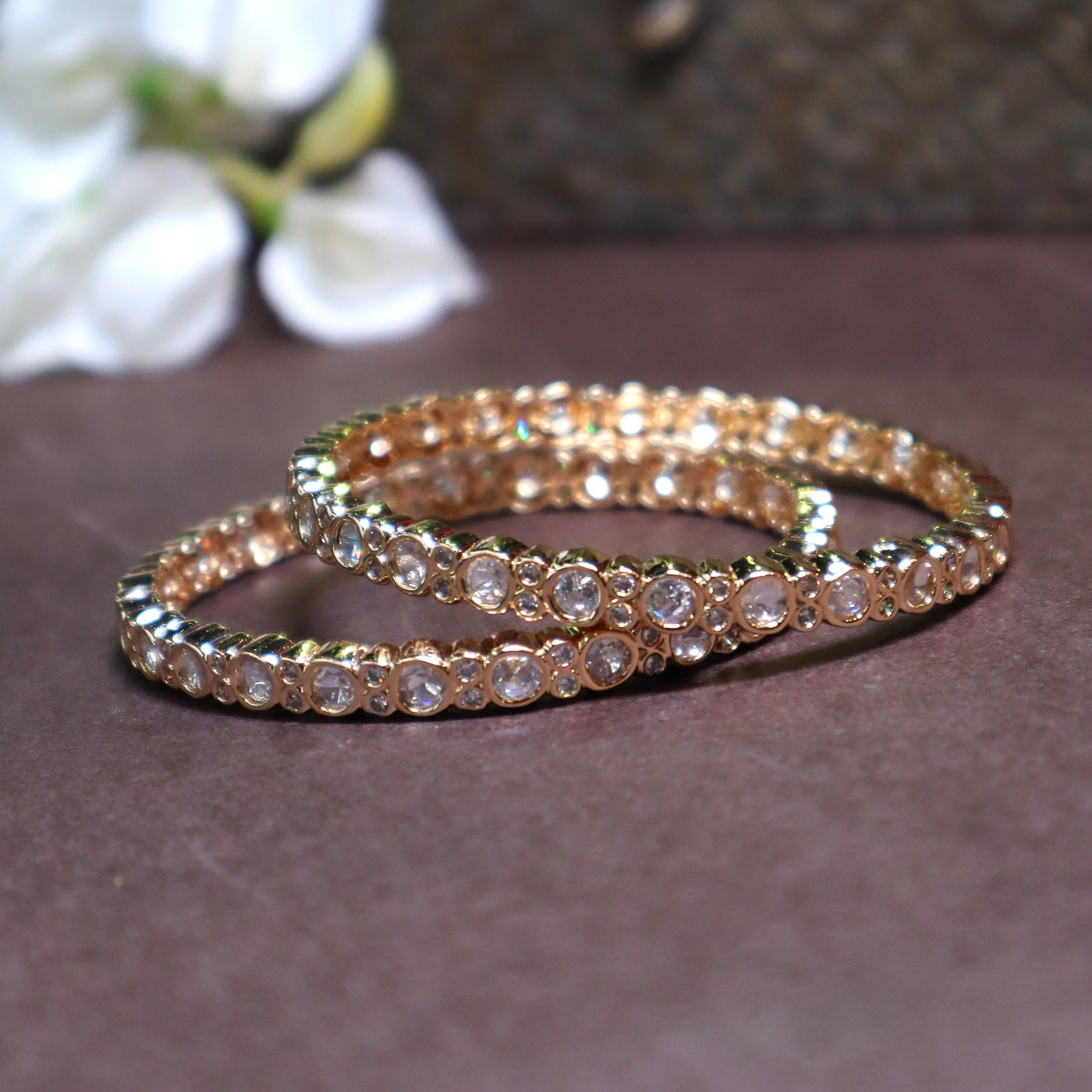 Gold-Plated Polki Kundan Bangles with White Stones - SIA441432
