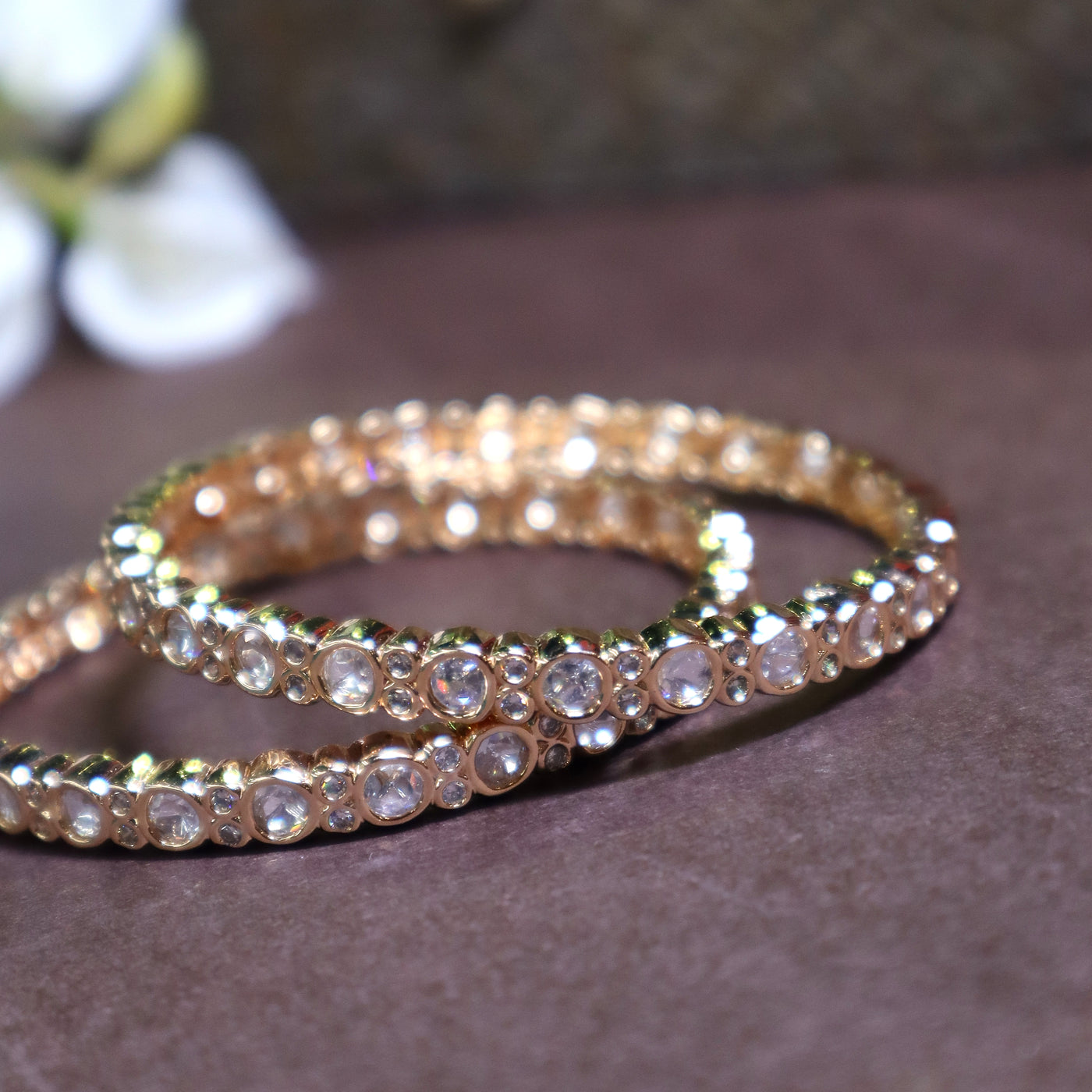 Gold-Plated Polki Kundan Bangles with White Stones - SIA441432