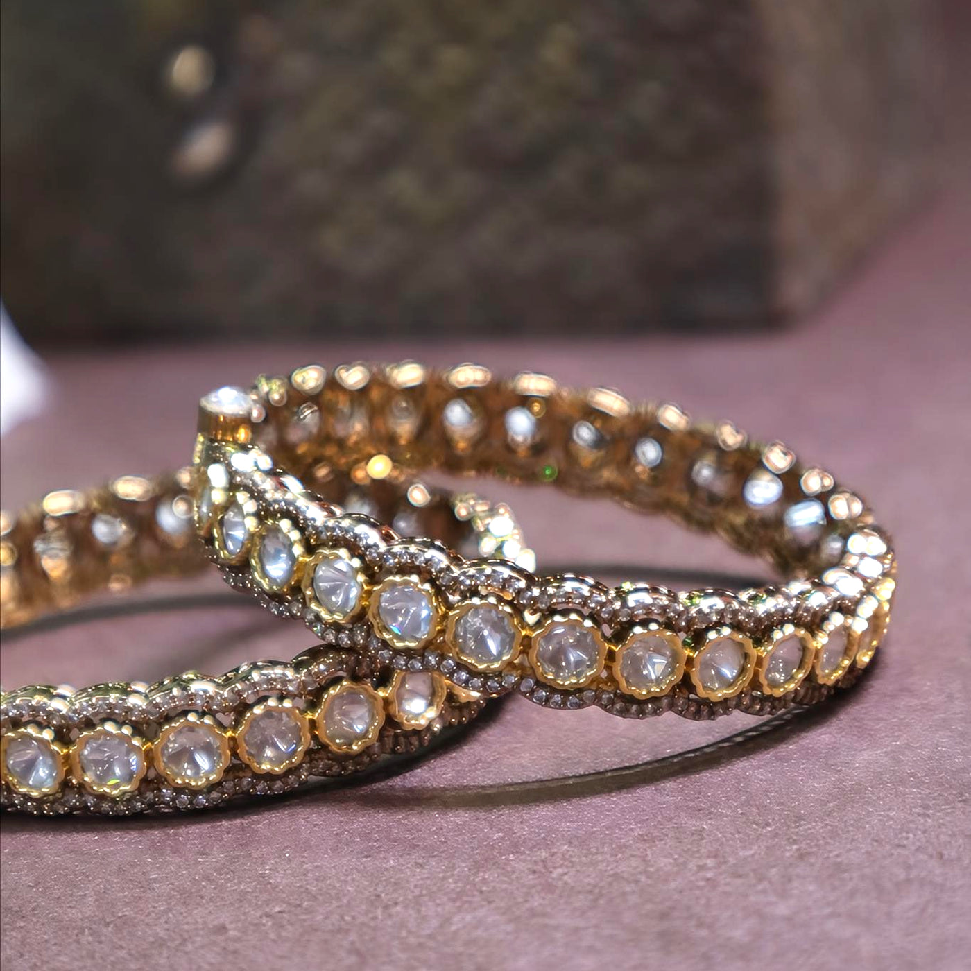 Gold-Plated Polki Kundan Bangles with Clear Stones - SIA442328