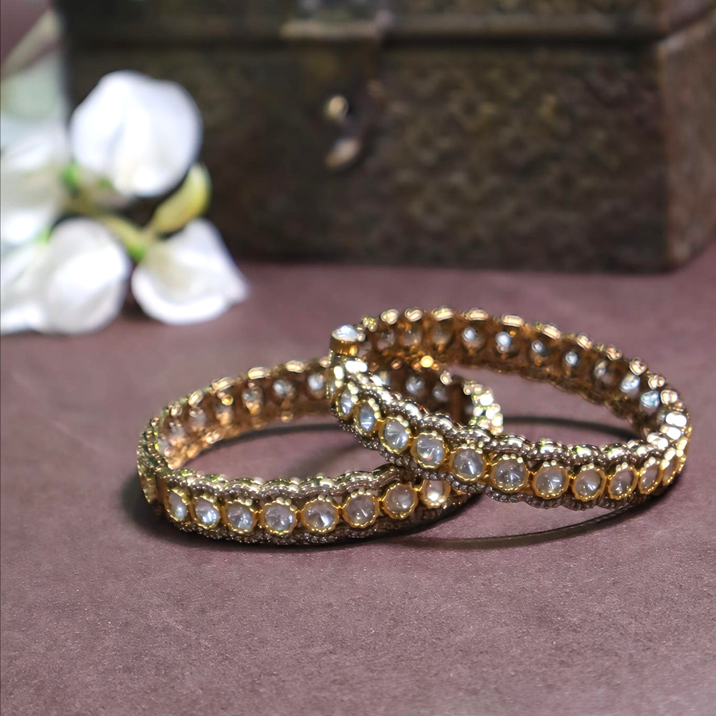Gold-Plated Polki Kundan Bangles with Clear Stones - SIA442328