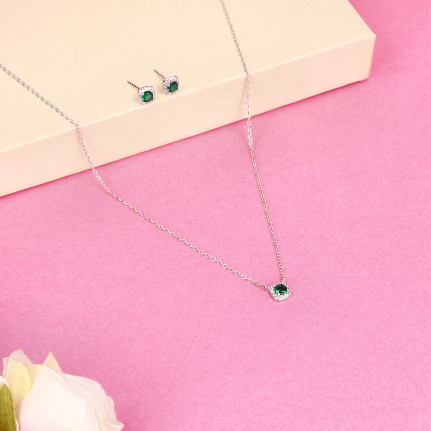 92.5 Sterling Silver - Green Grace Solitaire Pendant Set - SIA442853