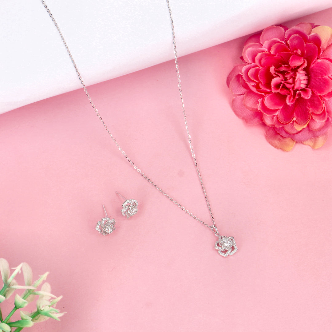 92.5 sterling silver Floral Shaped CZ Pendent Set -SIA442886