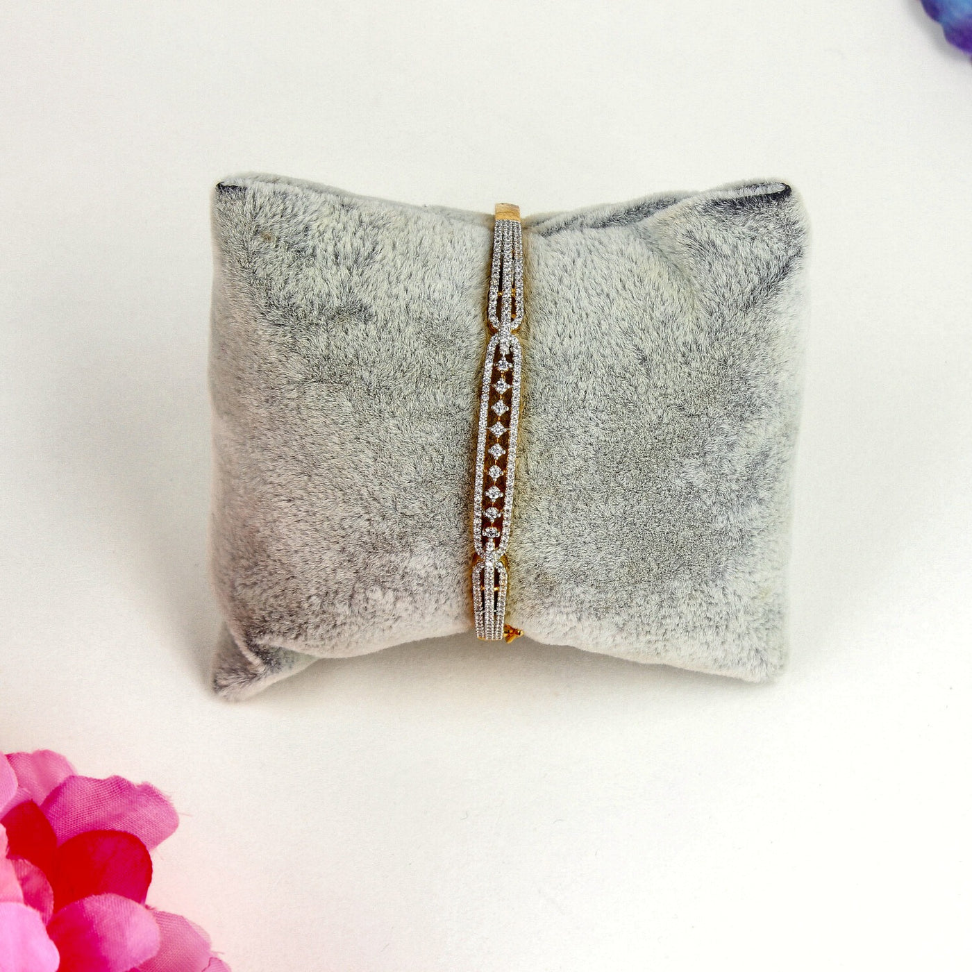 Modern Gold-Silver Bracelet with Central Diamond Row and Textured Edges - SIA443617