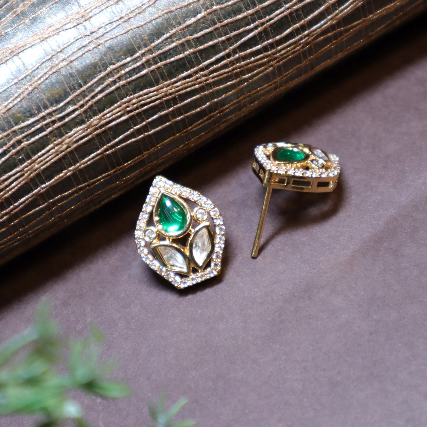 Emerald Green Kundan Polki Teardrop Stud Earrings - SIA443746