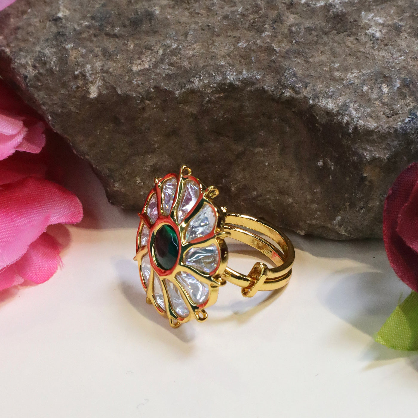 Gold-Toned Floral Kundan Finger Ring with Green Center Stone - SIA443765