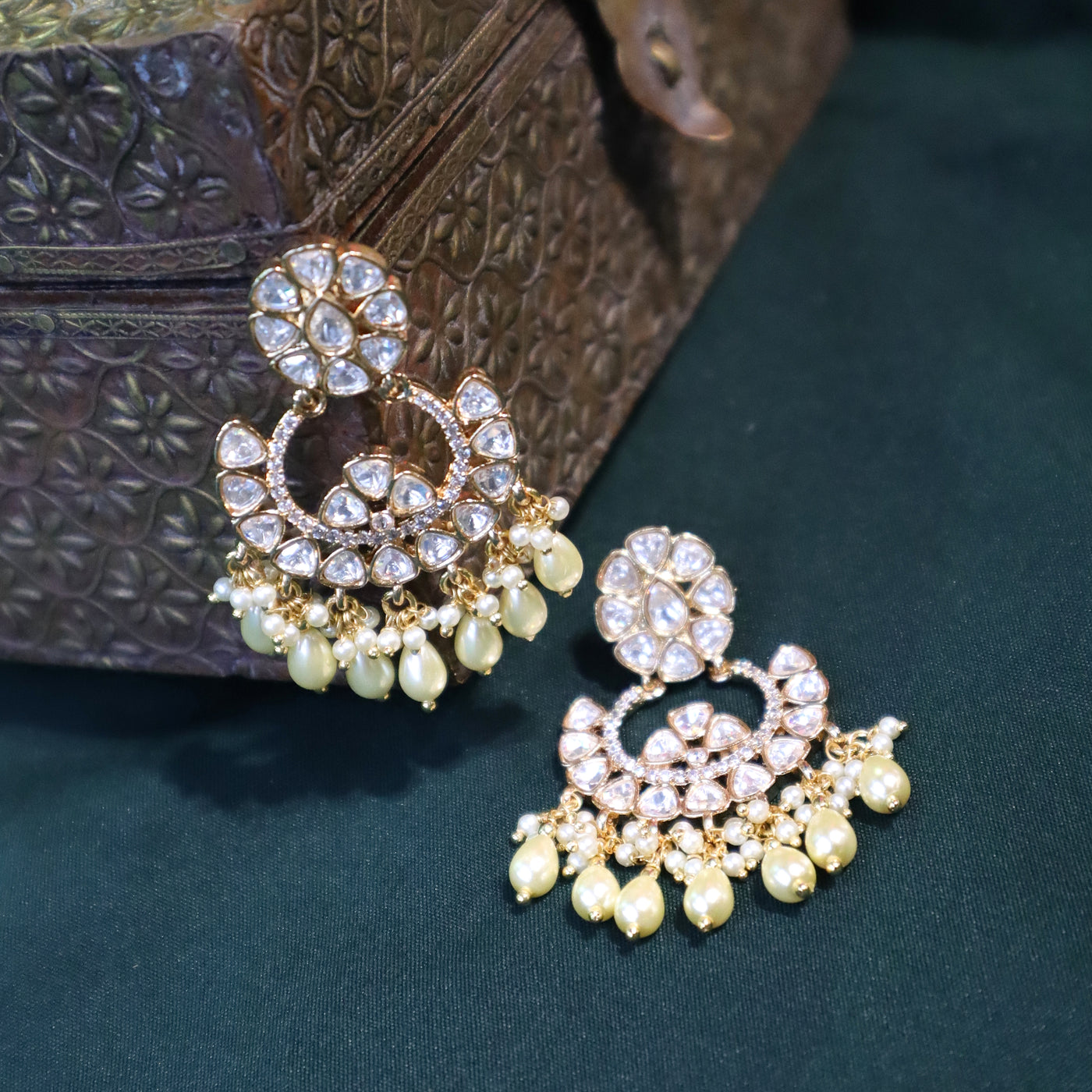 Gold Kundan Chandbali Earrings with Pearl Drops - SIA443795